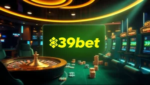 Exciting online gambling scene with 39bet logo, showcasing roulette and slot machines.