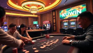 Experience thrilling poker action at KUWIN casino with colorful chips and a gleaming roulette wheel.