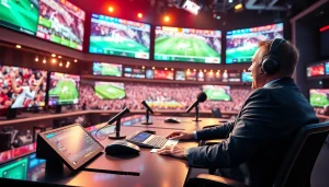 Engaging sports broadcasting scene featuring a commentator with dynamic sports feeds.
