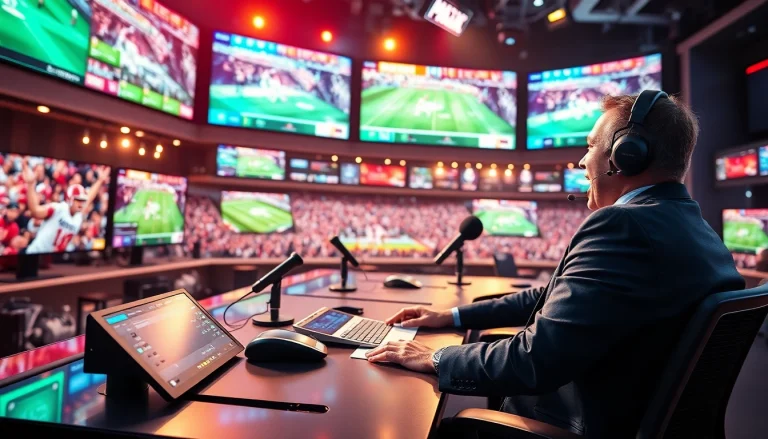 Engaging sports broadcasting scene featuring a commentator with dynamic sports feeds.