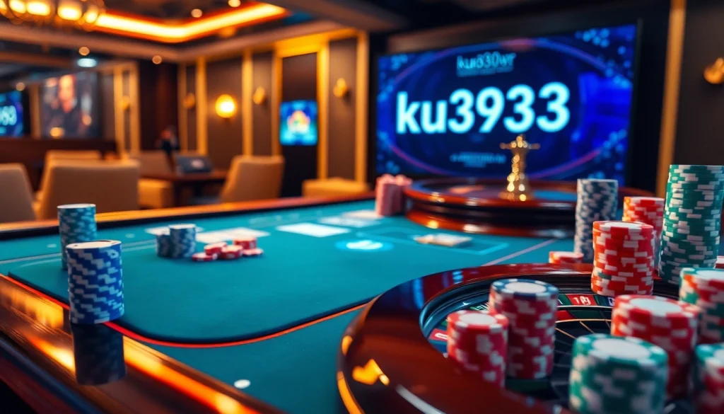 Engage with ku3933 on a vibrant casino scene featuring poker tables, roulette, and colorful chips.