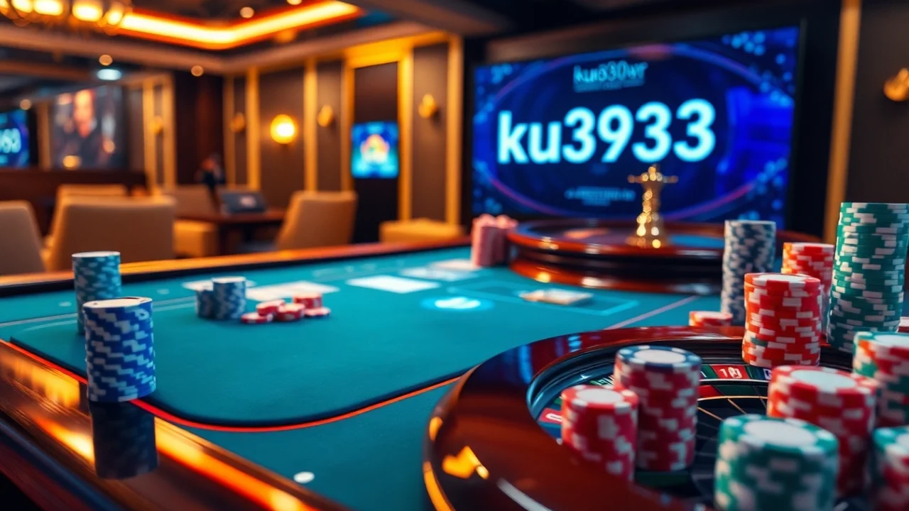 Engage with ku3933 on a vibrant casino scene featuring poker tables, roulette, and colorful chips.