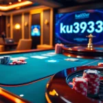 Engage with ku3933 on a vibrant casino scene featuring poker tables, roulette, and colorful chips.