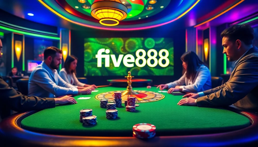 Players strategize at the five88 poker table, surrounded by luxury casino elements.