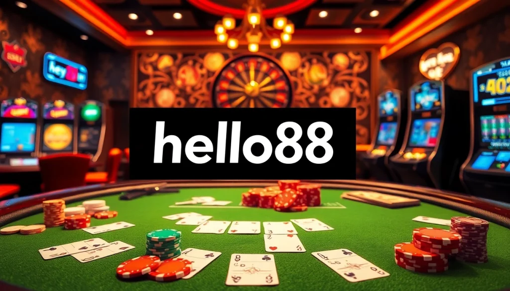 Engage with thrilling casino games featuring hello88 on a luxury poker table filled with chips and cards.