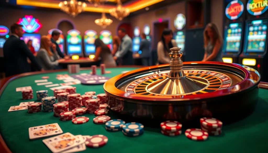 Experience the thrill of gambling with OKFUN at a luxurious casino scene featuring roulette and poker.
