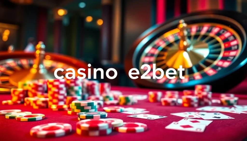 Experience the vibrant atmosphere of casino e2bet with thrilling games, colorful chips, and a spinning roulette wheel.