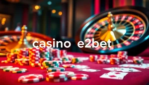 Experience the vibrant atmosphere of casino e2bet with thrilling games, colorful chips, and a spinning roulette wheel.