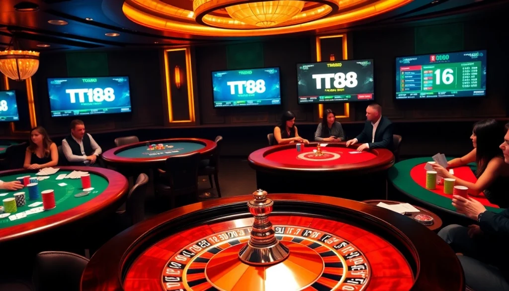 Engage with TR88 betting odds at a vibrant casino with roulette and poker tables.