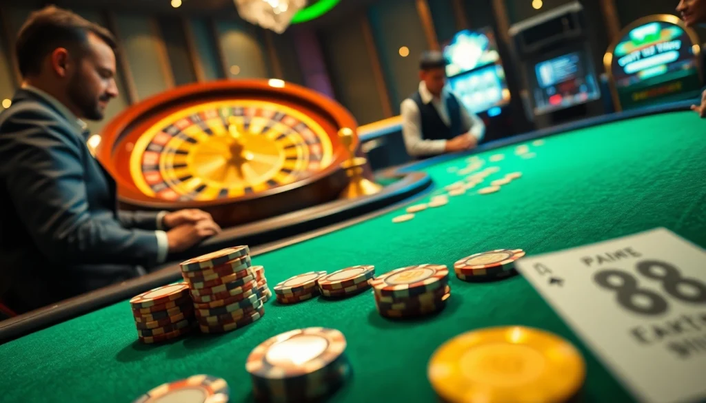 Players engaged in a poker game at a casino table with 88i-themed chips, showcasing high-stakes excitement.