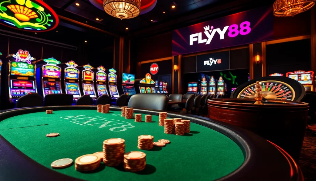 Experience a thrilling gaming atmosphere at FLY88 casino with vibrant tables and energetic players.