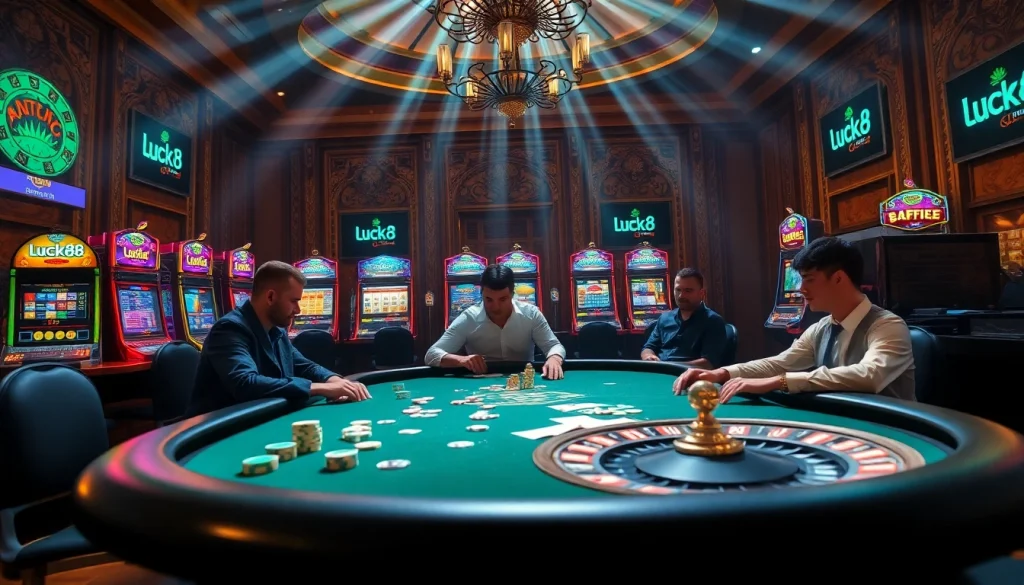Engaging poker scene with Luck8 branding showcasing colorful chips and excitement.