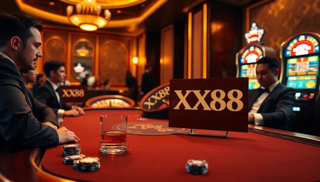 High-stakes poker game featuring the XX88 logo, luxurious casino atmosphere with roulette wheel.