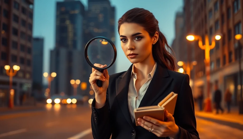 Hire a private eye with a professional investigator examining clues in an urban environment.