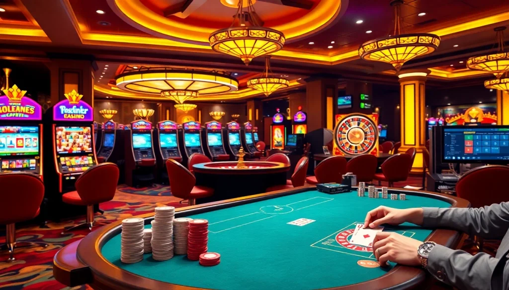 hello88 casino players strategizing at a vibrant poker table amid luxury slot machines.