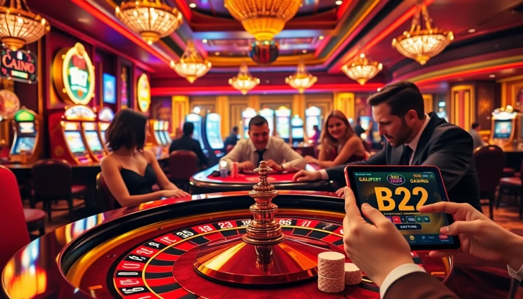 A dynamic casino scene with players engaged around a roulette table, showcasing the B52 gaming experience.