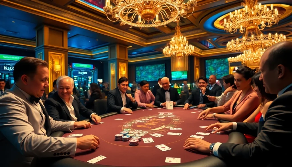 KJC poker chips and cards on a luxurious casino poker table, showcasing high-stakes excitement.