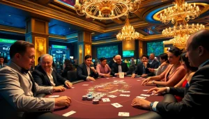 KJC poker chips and cards on a luxurious casino poker table, showcasing high-stakes excitement.