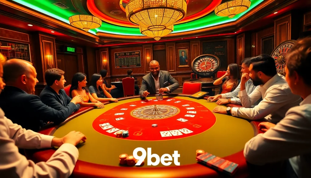 Players enjoying a thrilling poker game at 9bet, showcasing excitement and professionalism in a luxury casino setting.