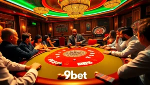 Players enjoying a thrilling poker game at 9bet, showcasing excitement and professionalism in a luxury casino setting.