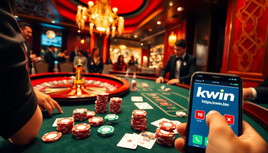Kwin.bio showcases an exciting casino environment with a poker table and roulette wheel, perfect for gamblers.