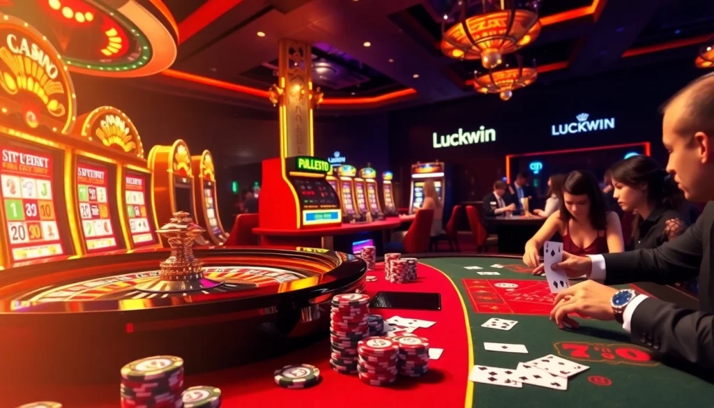 Players enjoying an exhilarating game of poker at Luckywin casino, surrounded by vibrant slot machines and roulette tables.