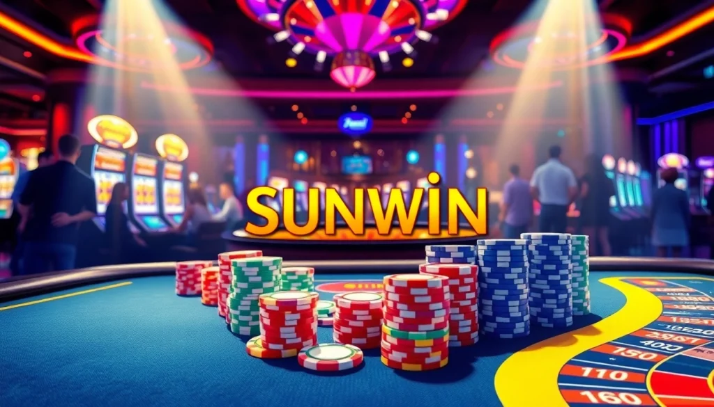 Engage with the thrill of gambling at a Sunwin-themed casino table filled with vibrant chips and cards.