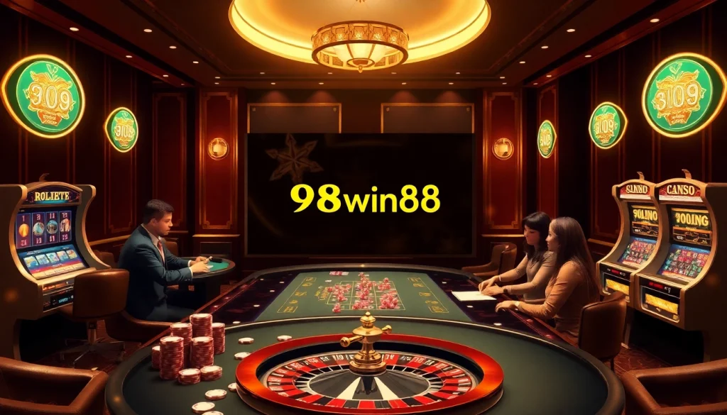 Experience the excitement of 98win58 with engaging online gambling visuals capturing thrilling card games and roulette.