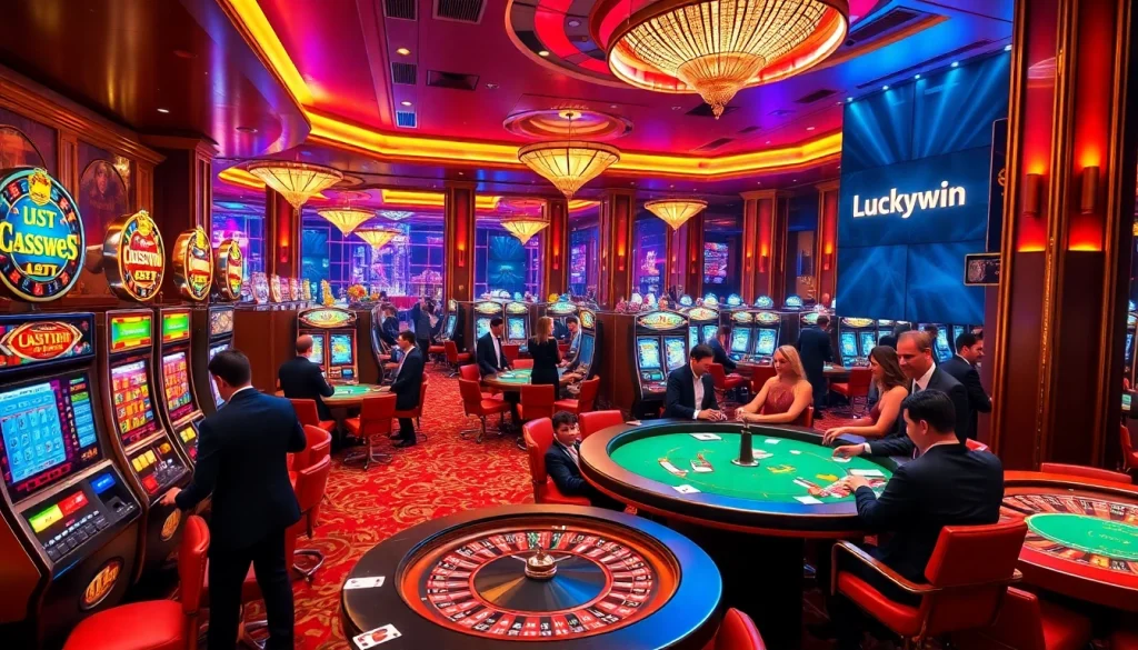 Experience the thrill of Luckywin at a vibrant casino with players enjoying games.