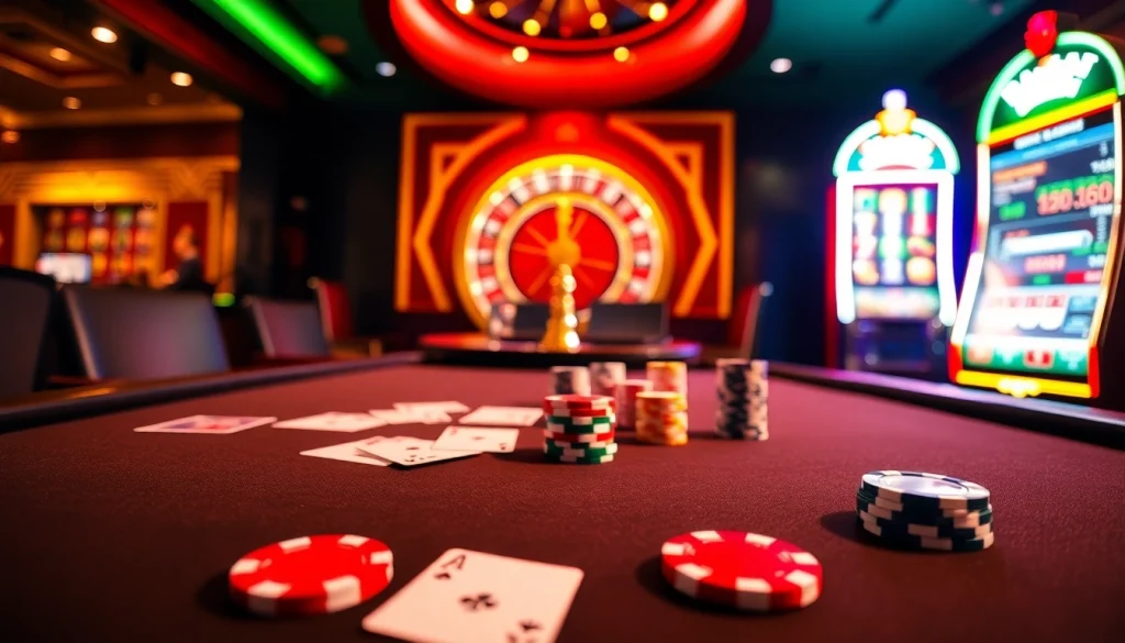 Experience the thrill of gaming at ok789.com with vibrant poker tables and exciting casino elements.