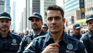 Bodyguard private security professionals ensuring safety in a busy urban environment.