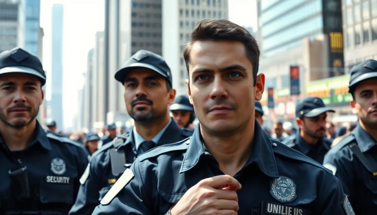 Bodyguard private security professionals ensuring safety in a busy urban environment.