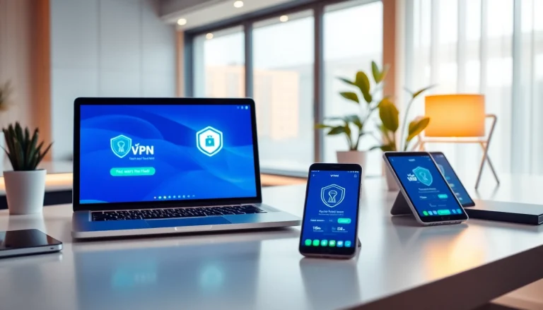 在现代工作区的多台设备上显示的快连VPN应用，展示安全的互联网连接。