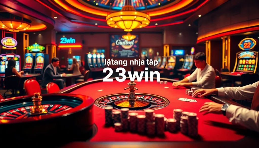 Experience the thrill of Đăng nhập 23win at a vibrant casino table with engaged players and gleaming poker chips.