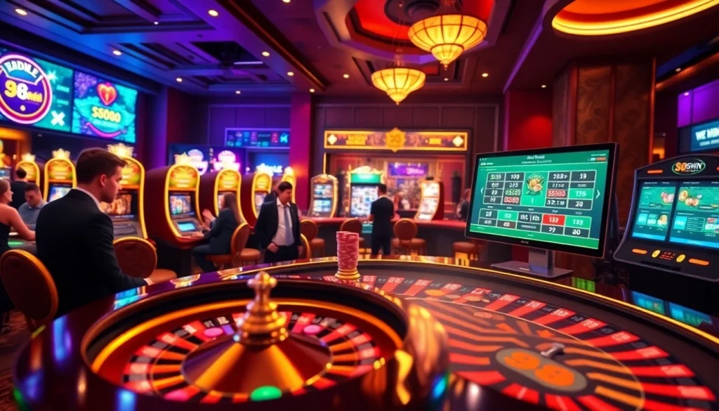 Engage in thrilling online gaming at https://98wincom.best/ with vibrant casino tables, slot machines, and intense players.