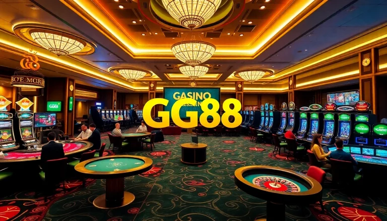 Players enjoying a lively game atmosphere at GG88 casino with vibrant tables and slot machines.