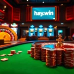 Experience the thrill of gambling at hay.win with poker chips, a roulette wheel, and vibrant slot machines.