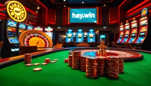 Experience the thrill of gambling at hay.win with poker chips, a roulette wheel, and vibrant slot machines.