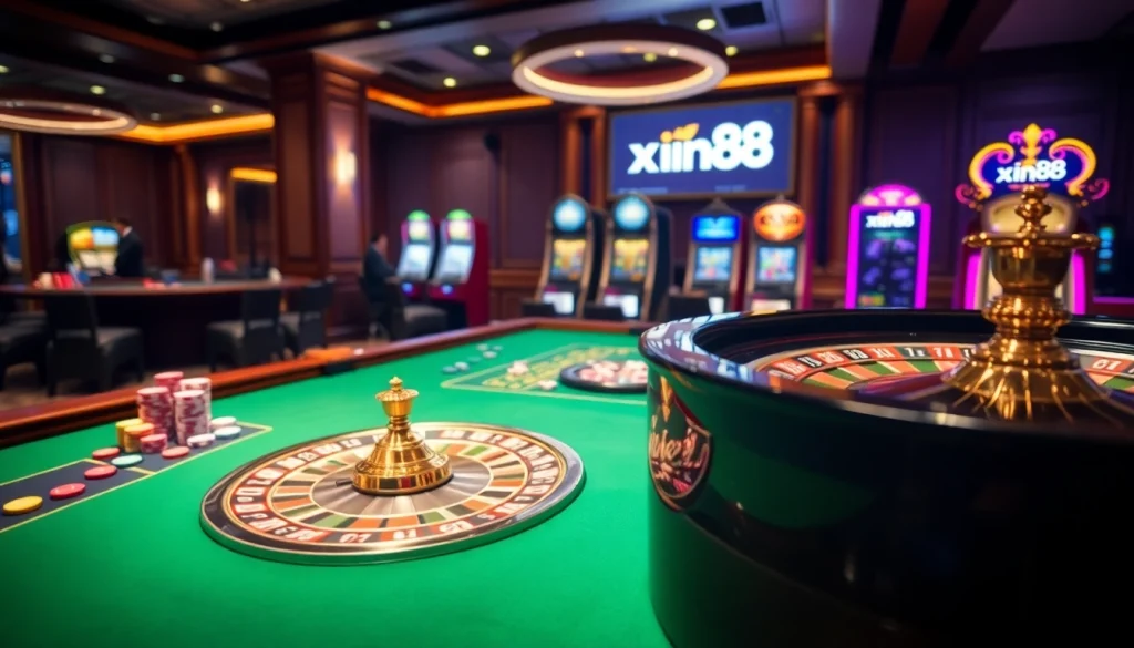 Experience the thrill of gambling at xin88 with vibrant casino visuals of roulette and poker.