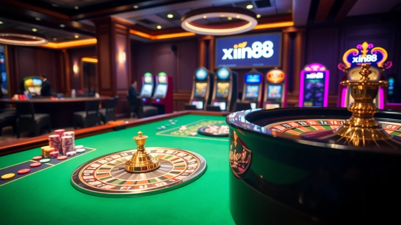 Experience the thrill of gambling at xin88 with vibrant casino visuals of roulette and poker.