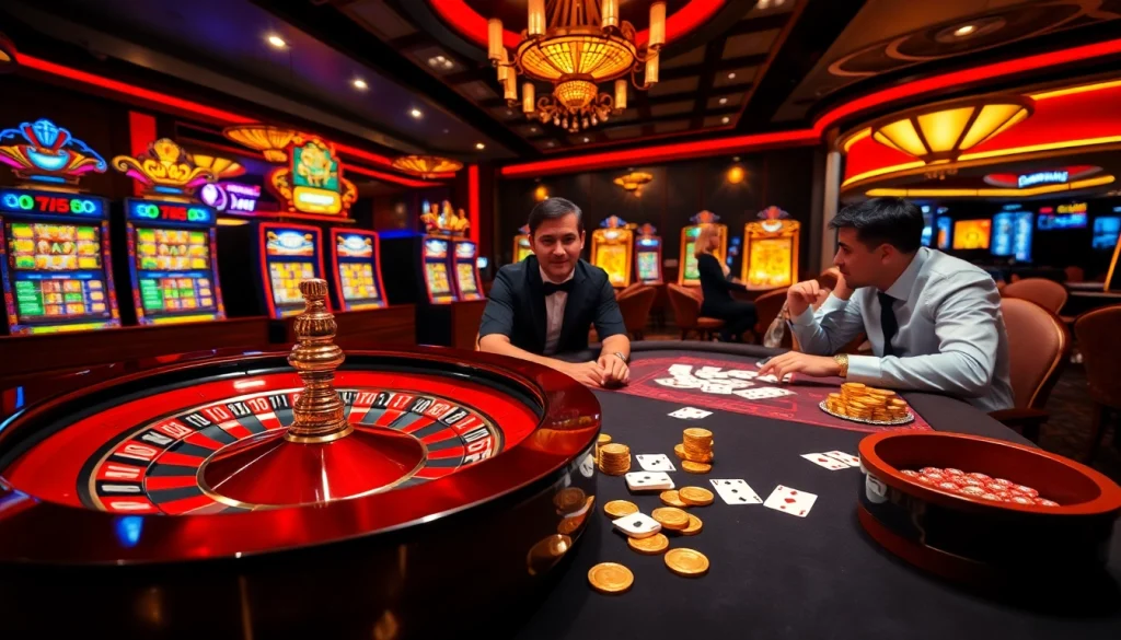 Experience the excitement of Good88 in a vibrant casino scene with poker and roulette.