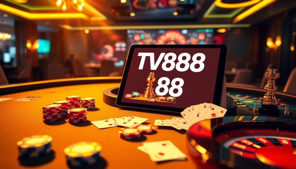 Experience the thrill of gambling with TV88, showcasing poker chips and roulette wheels.