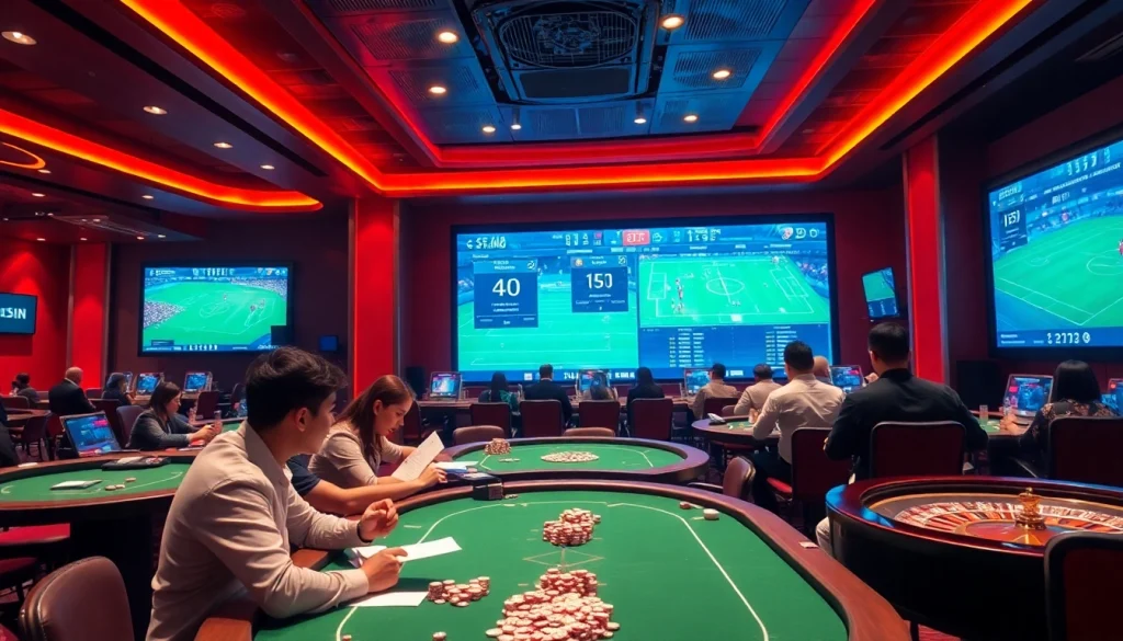 Engaging bettors focused on Kèo Bóng Đá in a lively casino sports betting environment.