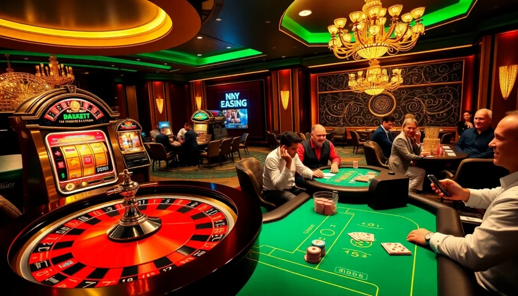 Exciting casino scene featuring mb66.com logo, with players on roulette and slot machines.