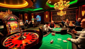 Exciting casino scene featuring mb66.com logo, with players on roulette and slot machines.