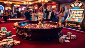 Experience excitement at the Kp88 casino with vibrant poker chips and a glamorous roulette wheel.