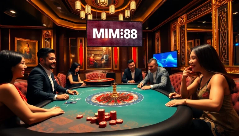 Players engage in vibrant MM88 casino games with poker chips and roulette wheels amid a lively atmosphere.