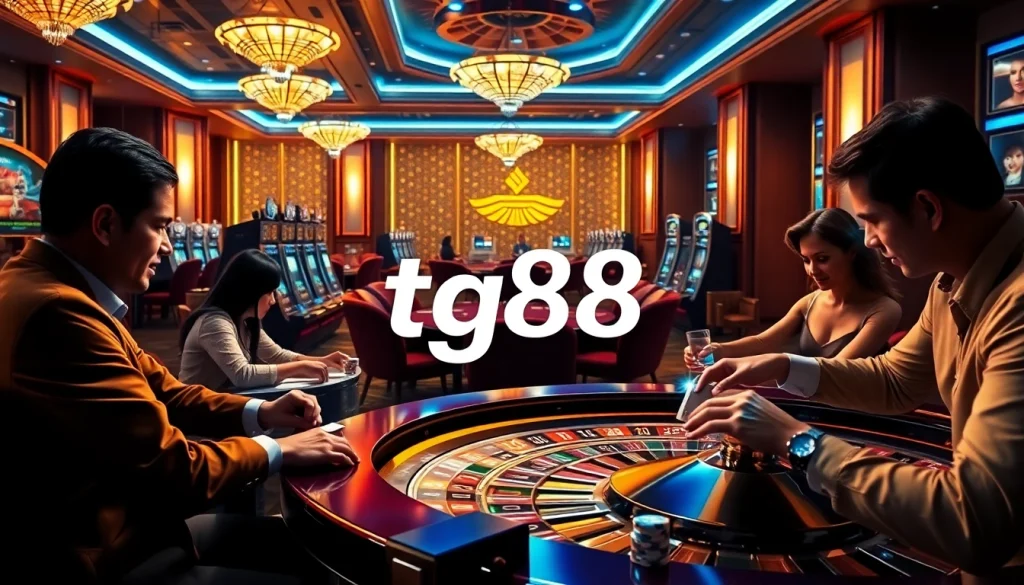 Engage with tg88 at a vibrant casino featuring poker chips, slot machines, and intense gaming action.