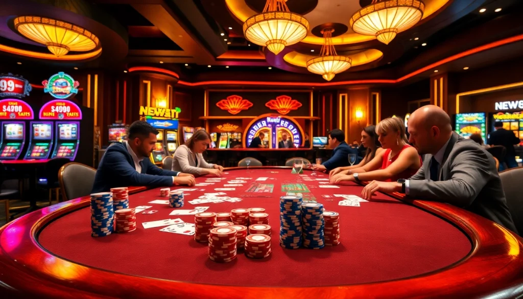 Exciting scene with players enjoying poker at a high-stakes table in Nhà cái NEW88 casino.