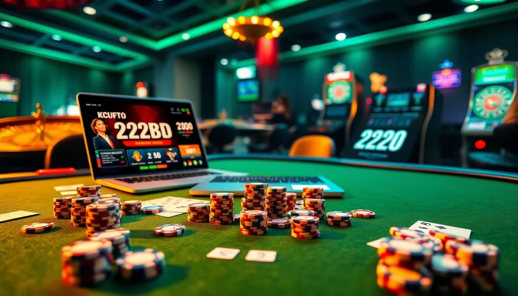 Players engaged in a thrilling game night with 222BD casino elements, chips, cards, and vibrant tables.